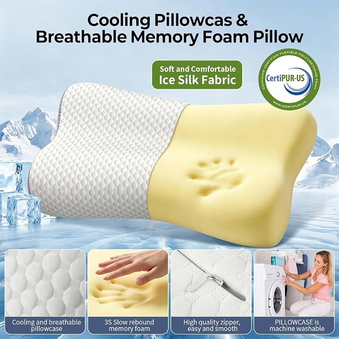 Cervical Neck Pillow for Pain Relief, Contour Memory Foam Pillows for Sleeping, Ergonomic Pillow Orthopedic Cooling Pillow Bed Pillow Neck Support for Side Back Stomach Sleepers (Off White&Gray)