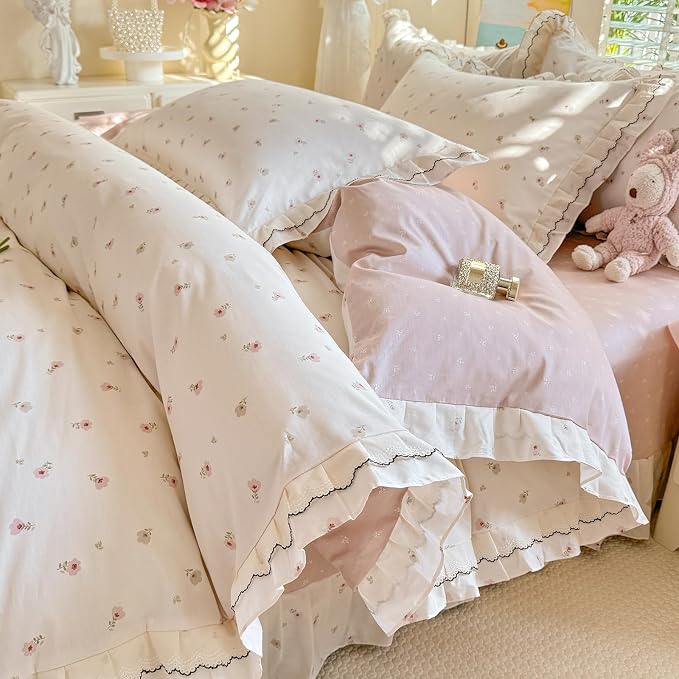 mixinni Cottagecore Shabby Chic Tiny Pink Floral Duvet Cover Twin XL, Premium 100% Cotton Dual-Sided Ruffle Lace Bedding, Vintage Farmhouse Princess Duvet Cover with Zipper & Corner Ties