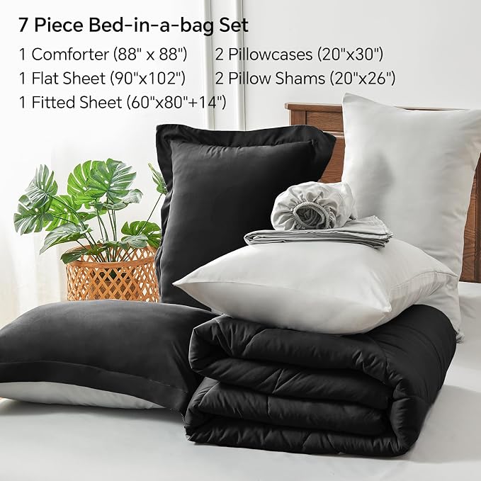 BEDELITE Queen Comforter Set 7 Pieces Bed in A Bag - Soft Microfiber Reversible Black Bed Set with Comforters, Sheets, Pillowcases & Shams, Cozy Luxury Bedding Sets for All Season (Pack of 2)