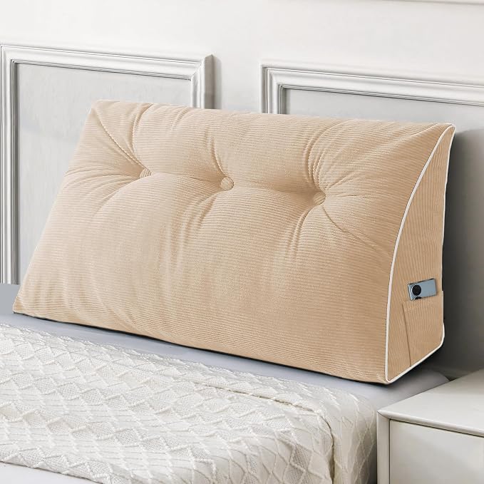 Sasttie Headboard Pillow Twin/Twin XL, Wedge Pillow Headboard, Beige | Triangle Backrest Cushion for Sitting or Reading in Bed, Dorm Essentials, OEKO-TEX, Down Alternative Fill, Side Pockets