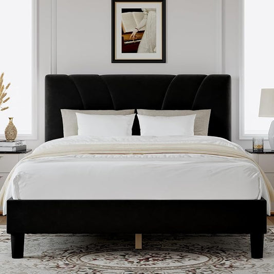 Novilla King Bed Frame and Headboard, King Bed Frame, Velvet Upholstered Bed Frames, No Box Spring Needed, Heavy Duty Feet, Easy Assembly, Black Velvet
