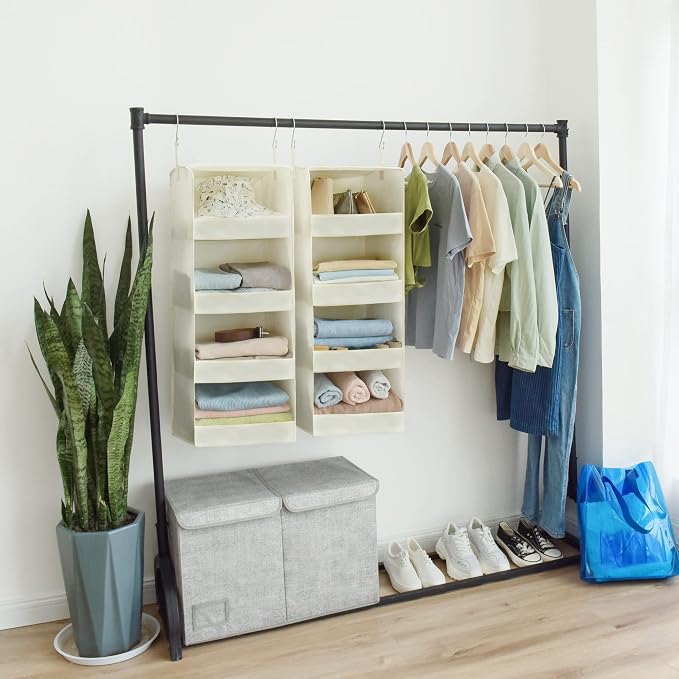 GRANNY SAYS 4-Shelf Hanging Closet Organizer, Foldable Storage, Beige | 44 lb Capacity, No-Sag Support, Keeps Clothes Neat, Folds Flat, Fits RV, Dorm & Small Closets, 2 Pack