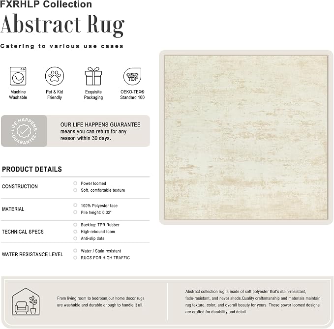 Area Rug Living Room: 6x6 Modern Washable Indoor Soft Carpet Beige | For Bedroom Dining Room Farmhouse Nursery Hallway Office,Modern Abstract,Machine washable,Non-Slip,Stain Resistant,Indoor