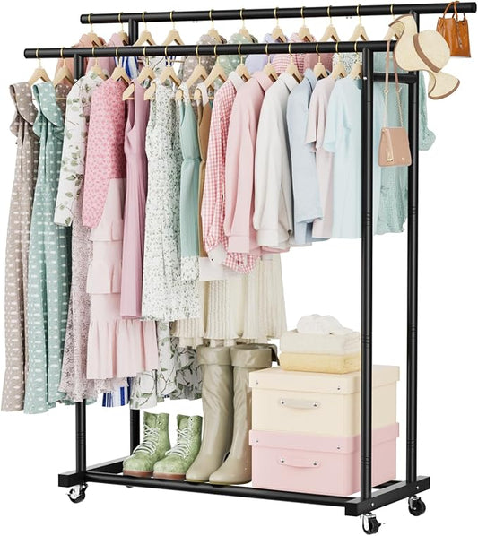 Abiglifty Double Rods Clothes Rack for Hanging Clothes | Clothing Rack with Wheels, Portable Closet Organizer for Laundry, Room (Black）