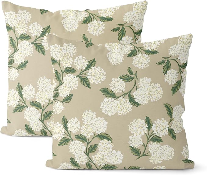 Beige Spring Pillow Covers 16x16 Inch 2 Pcs Khaki Green Hydrangea Flower Decor Throw Pillows Vintage Floral Seasonal Summer Outdoor Decoration Pillowcase Linen Cushion Cover for Couch Sofa