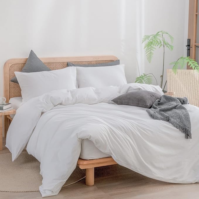 BESTOUCH Duvet Cover Set 100% Washed Cotton Linen Feel Super Soft Comfortable Chic Lightweight 3 PCs Home Bedding Set Solid Bright White King | 100% Washed Cotton, Soft Wrinkle Texture, Hidden Zipper, 8 Ties, Breathable Lightweight Durable Comfy, 3 Pcs...