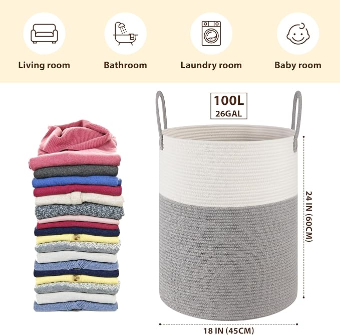 OIAHOMY 100L Nursery Hamper Laundry Basket Laundry Hamper Grey/White | collapsible Blanket Basket Cotton Rope Woven Basket Dirty Clothes Hamper Baby Hamper Tall Clothes Hamper with Handles