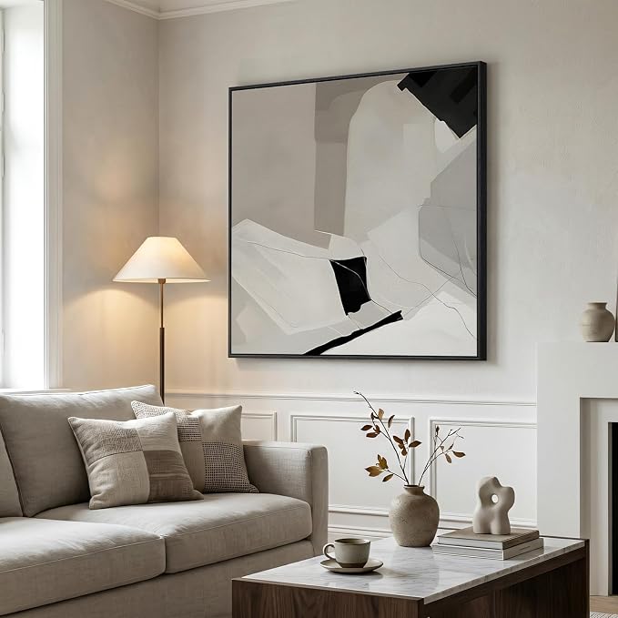 Extra Large Framed Black White Abstract Wall Art for Living Room, 40x40 In | Oversized, Canvas prints, Modern paintings, Neutral minimalist pictures, Square artwork, Dining room, Bedroom wall decor