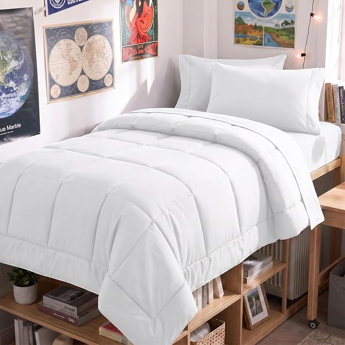Twin XL Comforter Set White - 5 Pieces Twin XL Bed in a Bag | College Dorm Essentials, OEKO-TEX Certified, All Season, Down-Alternative Comforter + Flat & Fitted Sheets + 2 Pillowcases