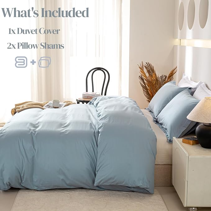 OAITE Duvet Cover Set 100% Washed Cotton Solid 3pcs | Soft,Durable,Long-staple Cotton,Hidden Zipper with 8 Interior Corner Ties,2 Pillowcases,68"X90"