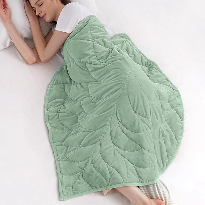 Weighted Lap Blanket for Adults, 7 lbs 41" x 53", Leaf Pattern, Sage Green | Washable Weighted Blankets, Small Portable Blanket for Relaxation, Cozy Luxury Crystal Velvet All-Season Heavy Blanket