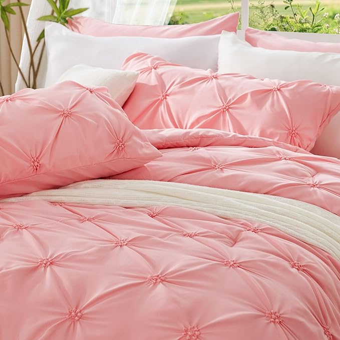 BEDELITE King Comforter Set Pink,Lightweight & Soft Comforter | Pintuck Boho Bedding, Warm & Cute Bed Set for All Season,With 2 Pillowcases