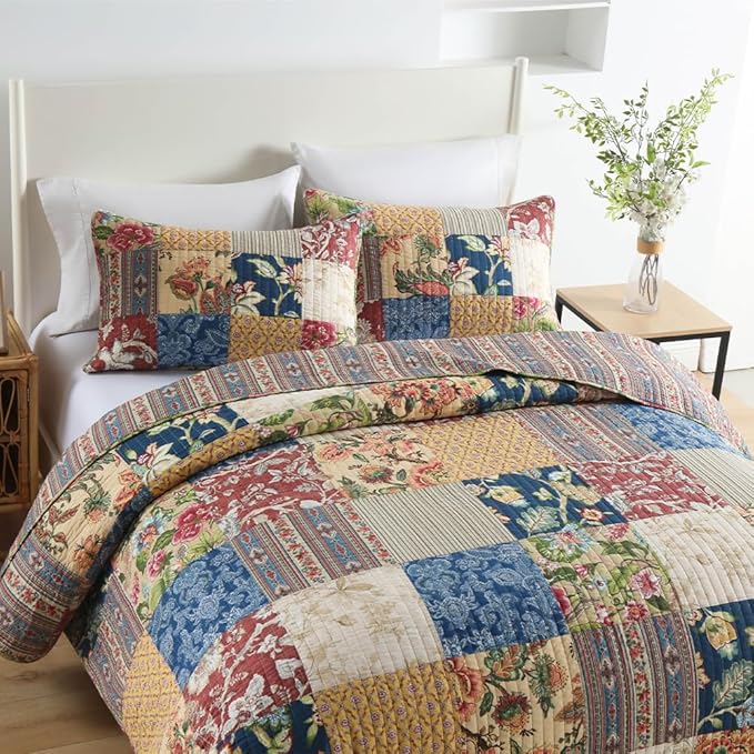 VISIMISI Cotton Bedspread Quilt Sets Reversible Bedding Coverlet Sets 3 Pieces Gorgeous Rustic Vintage Floral Red Yellow Patchwork Bedspread, King Size