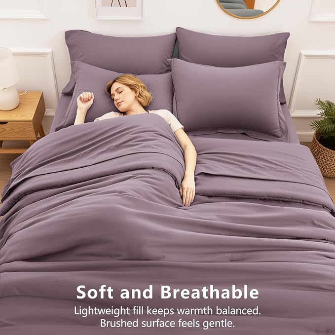 HIMEET King Comforter Set, 7-Piece Point-Quilted Bed in a Bag, Dusty Purple | OEKO-TEX Certified, Lightweight 240 GSM Comforter, Flat Sheet, 14-Inch Deep-Pocket Fitted Sheet, Pillowcases & Shams