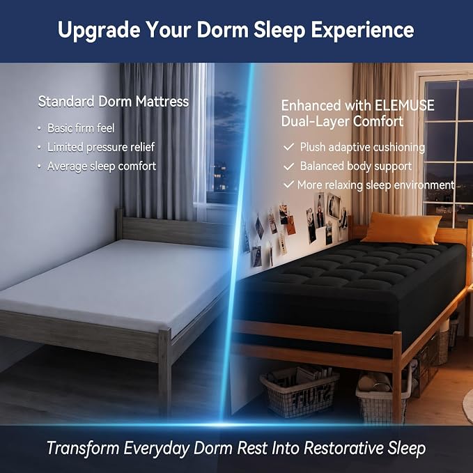 ELEMUSE Twin XL College Dorm Essentials 3 Inch Memory Foam Mattress Topper | Dual Layer Design, 2 Inch Cooling Gel Foam and 1 Inch Soft Pillow Top Bed Pad, Back to School, Comfortable Support