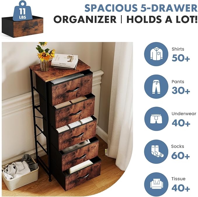 DUMOS Nightstand with 5 Fabric Drawers, Skinny Dresser | Night Stand Bedside Table, Removable Bins, Sturdy Steel Frame Wood Top, Storage Tower for Bedroom Closet, Rustic Brown
