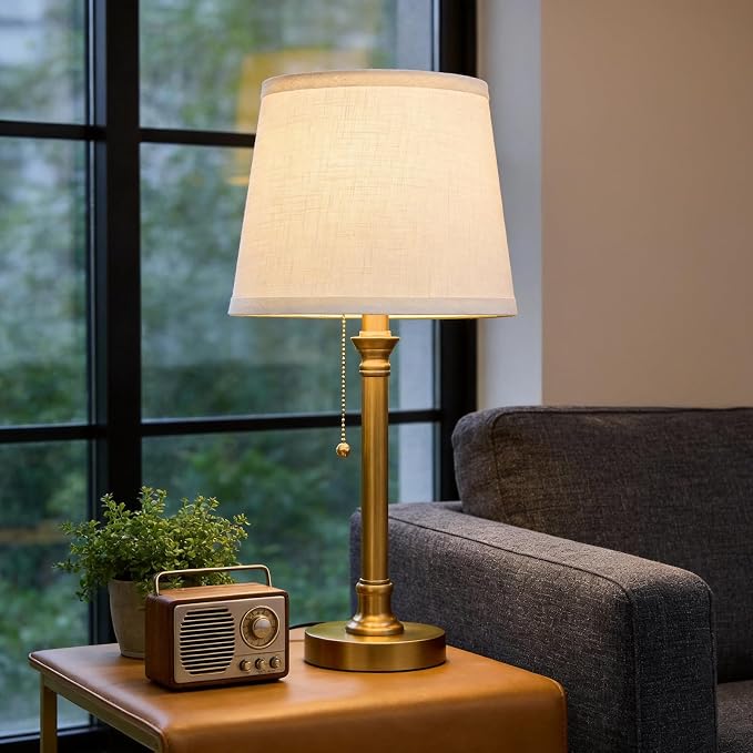 19.5" Small Table Lamp for Bedroom, Modern Brass Gold Lamp, USB A+C | Pull Chain Switch Bedside Table Lamps, White Shade, Small Nightstand Lamps for Living Room End Table & Desk Light