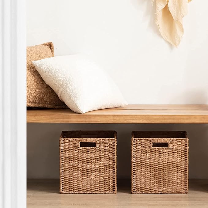 UBBCARE 3 Pack Wicker Basket, 11L×11H×10.5W inch Woven Paper Rope Storage Baskets for Shelves, Foldable Cube Storage bin with Handle, Storage Basket for Organizing & Decor,Caramel