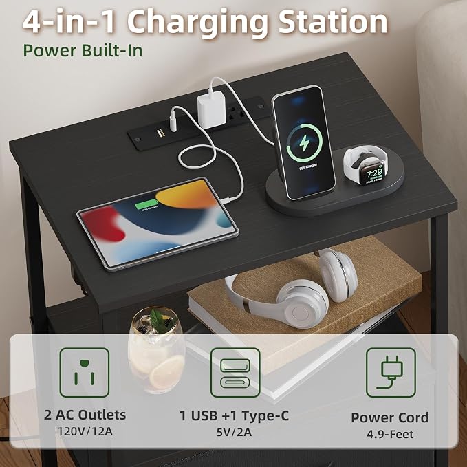 Somdot Nightstand with Charging Station & LED Light, Bedroom Bedside Table | Dorm, Guest Room, Kids Room, Laundry, Closet, Entryway and Hallway, Black