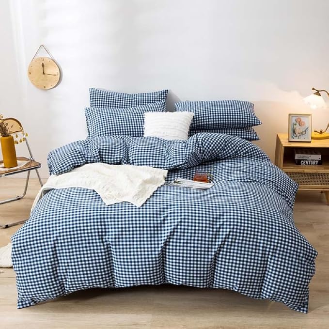 LifeTB Royal Blue Gingham Comforter Set Twin XL Modern Style Blue Grid Bed Comforter Luxury Soft Gingham Bedding Set 3 Pieces Soft Fluffy Plaid Checkered Comforter Set with 2 Pillowcases Breathable