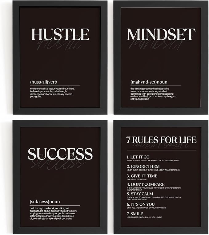 DSHFG Black Motivational Office Pictures Wall Decor Prints Set of 4, Black Motivational Wall Art Decor Tredny Posters Prints for Office Home Room Decor, 8x10 Unframed
