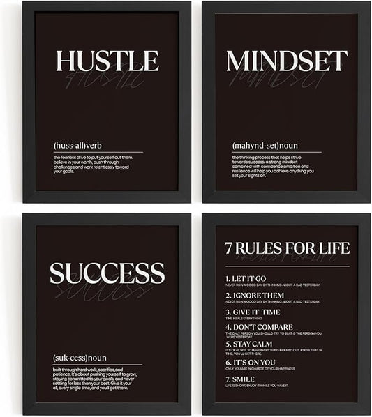 DSHFG Black Motivational Office Pictures Wall Decor Prints Set of 4, Black Motivational Wall Art Decor Tredny Posters Prints for Office Home Room Decor, 8x10 Unframed