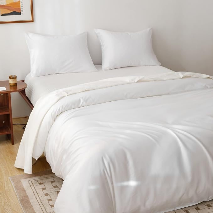 HeimenAogo Egyptian Cotton Duvet Cover Full Size Sateen Weave, Silky Soft and Breathable Bedding Set with Zipper Closure, Long Staple Cotton Bed Linen Pure White 3Pcs (80"×90")
