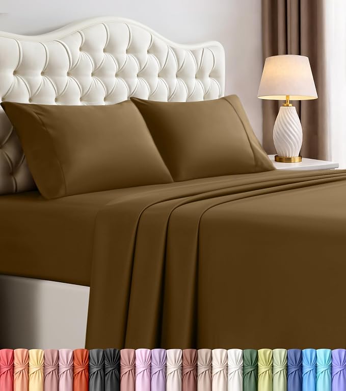 Full Sheets Set, 4 Pieces 16" Deep Pocket Hotel Luxury Bed Sheets, Mocha | Extra Soft Bedsheet Set, Comfy & Breathable Cooling Sheets, Wrinkle & Fade Resistant, Fitted Sheet, Flat Sheet, 2 Pillowcases