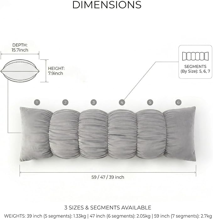Pat. Pend. Long Body Pillow for Side Sleepers, 47 Inch, Zinc Gray | Segmented full body pillow for adults with a removable, washable soft velvet cover; long bed pillow for comfortable sleeping.