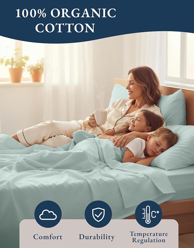 LANE LINEN Twin Bed Sheet Set 100% Organic Cotton Percale 3pc - French Blue | GOTS Certified Organic Cotton Percale Twin Sheet Set - For Hot Sleepers, All-Season Comfort, For Dorm & Guest Rooms