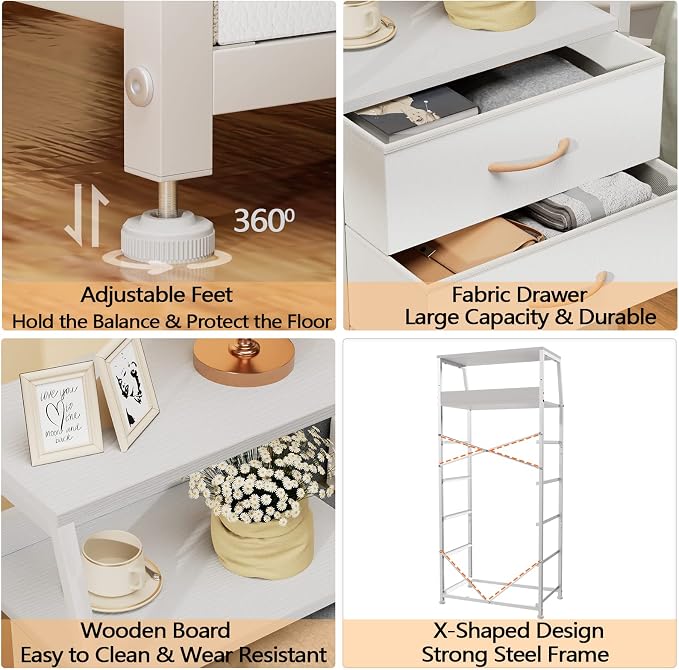 Furnulem White Tall Dresser for Bedroom, 5 Fabric Bins Tall Nightstand | Dorm Dresser, Vertical Storage for Closet, Chest of Drawer for Entryway, Nightstand Bedside Table, Metal Frame,Wood Top