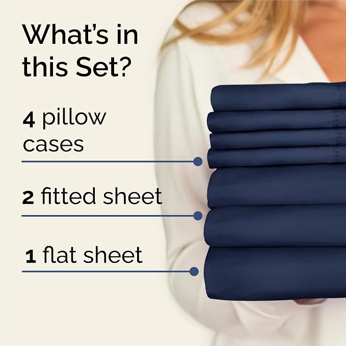 Split King 7 Piece Bed Sheet Set - Comfy, Breathable & Cooling - Navy Blue | Ultra-Soft Hotel Luxury Bedding Set w/ 8-16 Inch Deep Pockets, 1 Flat & 2 Fitted Sheet & 4 Pillowcases, Wrinkle & Fade Free
