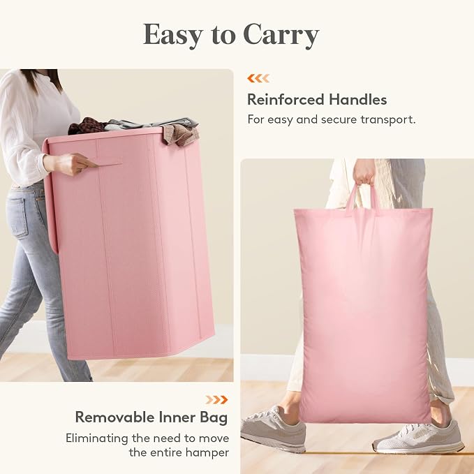 Lifewit 185L 3 Section Laundry Hamper with Lid, Laundry Basket, Pink | Large Foldable Laundry Sorter with 3 Removable Bags, Tall Clothes Hamper for Bedroom and Bathroom