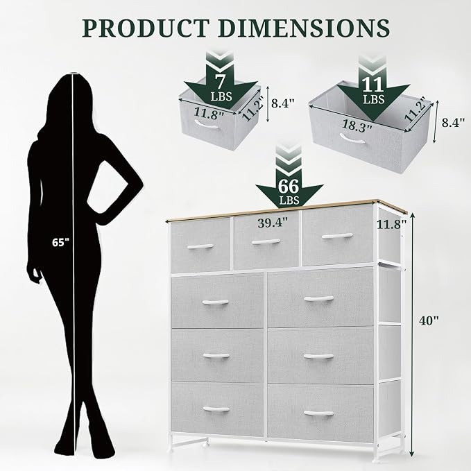 9-Drawer Dresser for Bedroom, Anti-Tip Tall Storage Organizer | Chest of Drawers with Wooden Top and Metal Frame Fabric Bins for Closet, Living Room, Hallway, Entryway, Light Gray
