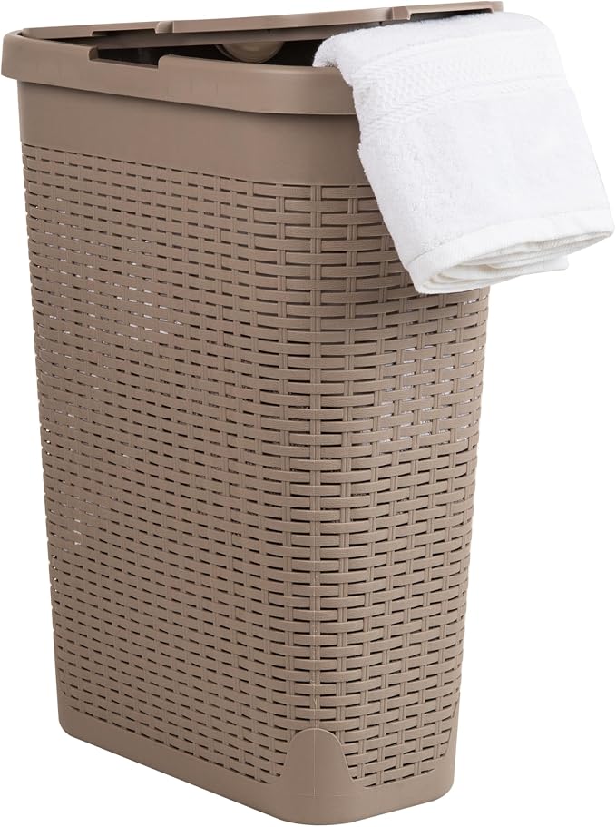 Mind Reader Slim Laundry Hamper with Lid, 40L Clothes Basket, Narrow Tapered Design with Ventilated Cutout Pattern, Plastic, Tan