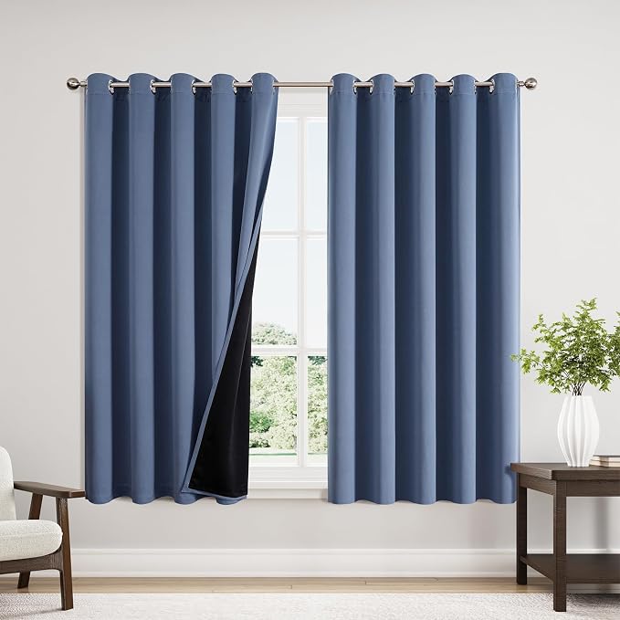 ChrisDowa 100% Blackout Curtains for Bedroom 63 Inches Long 2 Panels Set | 2 Thick Layers, Thermal Insulated, Light Blocking, Grommet, Window Treatment, Living Room Drapes, Stone Blue, 60 x 63 Inch