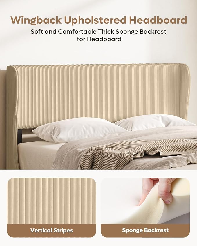 Bestier Queen Bed Frame with Wingback Headboard,Upholstered,Taque | Wingback Headboard,Easy Assembly,No Squeaks,Vertical Channel Corduroy Upholstered,Wooden Slats Support,No Box Spring Needed