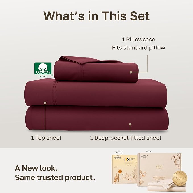 California Design Den Soft 100% Cotton Twin Sheets Set, 3 Pc, Burgundy Red | 400 Thread Count Backed by Good Housekeeping Seal, All-Around Elastic, Durable, Easy Care, OEKO-TEX certified