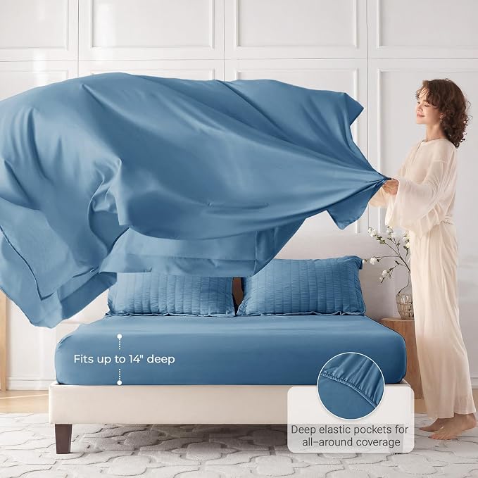 5 Pieces Twin XL Comforter Set, Seersucker Bed in a Bag Twin XL Size, All Season Luxury Bedding Set with Comforter, Flat Sheet, Fitted Sheet, Pillowcase & Sham, Mineral Blue
