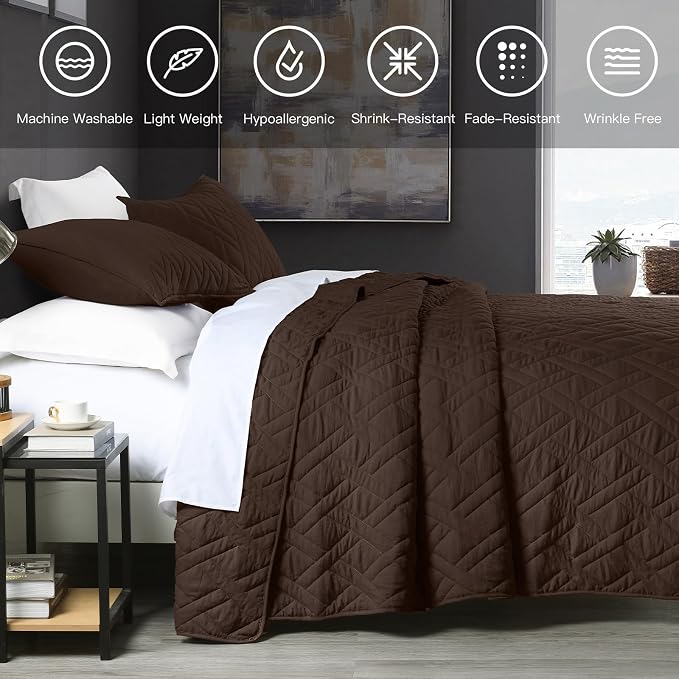 HORIMOTE HOME Quilt Set King Size Chocolate, Classic Geometric Diamond Stitched Pattern, Ultra Soft Microfiber Lightweight Bedding Bedspread Coverlet for All Season with 1 Quilt 2 Pillow Shams