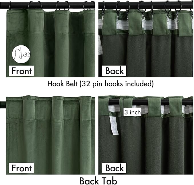 MIULEE Velvet Curtains 50W x 96L 2 Panels Olive Green Blackout Curtains | Luxury velvet fabric, pinch pleat design, back tab hooks, thermal insulated, blackout light blocking, for living room bedroom