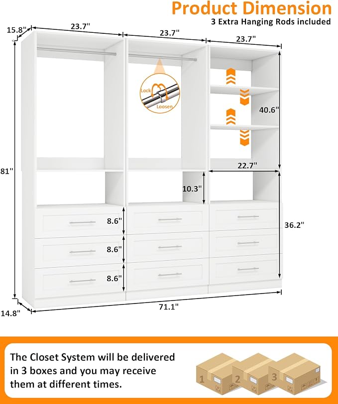 Closet System with 3 Sets, 6–15 FT Closet Organizer System with 9 Drawers, 6 Shelves & 5 Rods, Walk-In Modular Closet System, Custom Built-In Closet Kit, White
