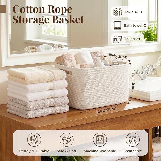 OIASKET 4Packs Natural Cotton Rope Storage Baskets for Organizing Toys, Clothes, Towels & Books, Soft Versatile Organizers for Shelves, Home Decorative Bins, 13''Lx9''Wx7.8''H, White