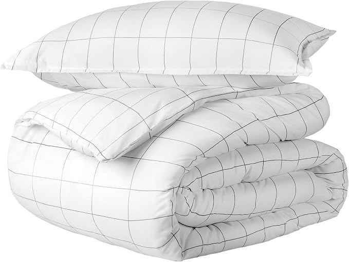 Bare Home Duvet Cover Set 1800 Ultra-Soft (Twin/Twin XL, Grid - White/Grey) | Lightweight, Cooling, Breathable, Premium 1800 Ultra-Soft, All-Season
