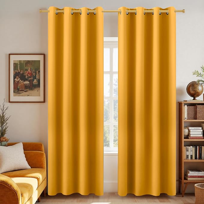 KOUFALL Yellow Curtains 96 Inches Long for Living Room Pair Set of 2 Panels Grommet Room Darkening Blackout Window Curtains for Bedroom 52 x 96 Inch Length Mustard Yellow