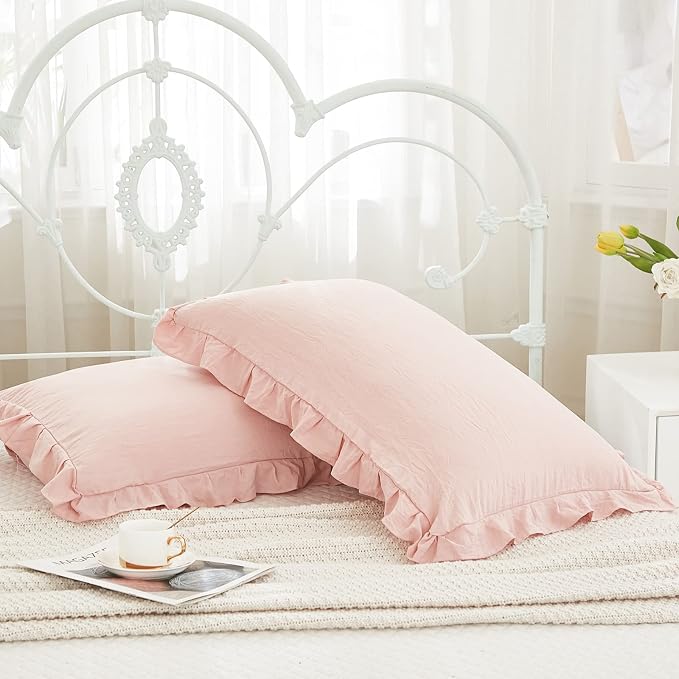 Pink Pillowcases King Pillowcases Ruffled Pillow Shams Set of 2 Cute Pillowcases Solid Ruffled Fringe Design Baby Pink Shabby Chic Pillowcases 2 Pack (King (20''x36''), Pink)