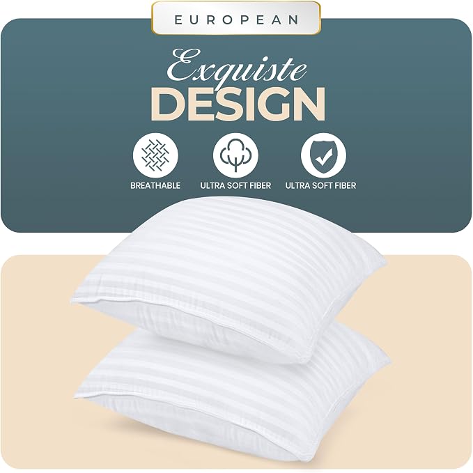 Utopia Bedding Bed Pillows for Sleeping, Pillows European Size Set of 2 | Down alternative pillows, cooling hotel quality, luxury comfort for back, side & stomach sleepers, Premium Stripes, White