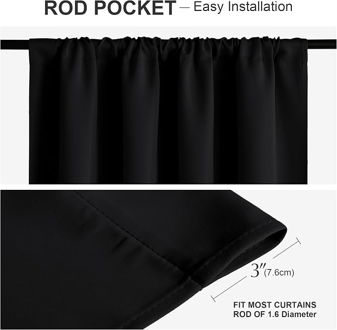 PONY DANCE Black Out Curtains 72 inch Long, Black, 2 Panels | Blackout Solid Rod Pocket Thermal Insulated Panels for Bedroom Living Room, Energy Efficient Window Drapes, 42"W x 72"L