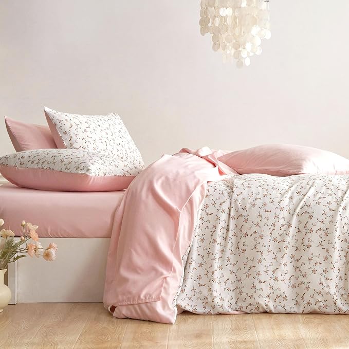 Wake In Cloud - Floral Duvet Cover Set, Coquette Cottagecore Aesthetic Cute Flower Pattern for Women Teen Girls, Soft Lightweight Bedding, 3-Piece, Pink, Full Size