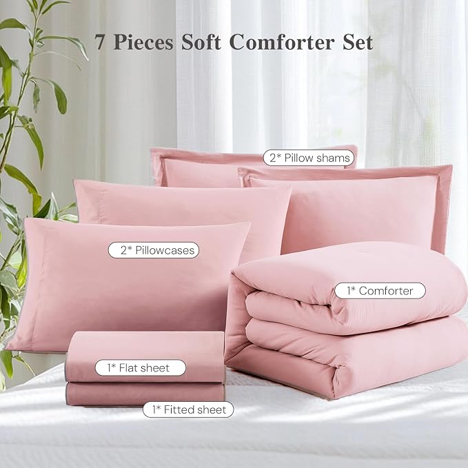 Queen Comforter Set-7 Pieces Soft Prewashed Bed in a Bag Queen Bedding Sets | All Season Comforter with Sheets, Pillow Shams & Pillowcases, Soft Pink